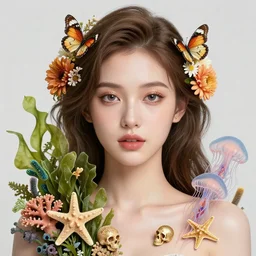 hyperrealistic detailed portrait of a beautiful girl, with flowers, butterflies, corals, sea kelp, sea plants, starfish, jellyfish, bacteria, skulls, golden filigree, art by ernst haeckel, john william godward, alphons mucha, pontormo, ornamental, decorative, art nouveau pattern, lights by hopper, pastel colours,