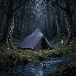 a tent by the river in the deep, remote woods by h. r. giger, from nightmare before christmas | detailed | elegant | trending on artstation