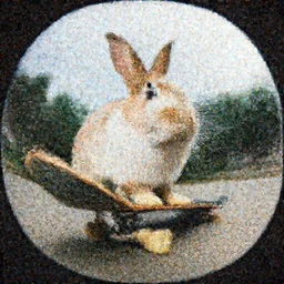old fisheye picture of a rabbit on a skateboard