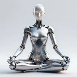 a metallic cyborg with glass details experiencing nirvana while meditating, hyperrealistic