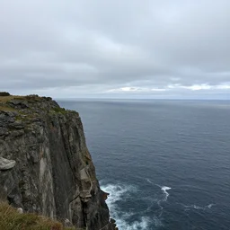 a cliff and a massive dark ocean reaching the top of the cliff, cloudy skys