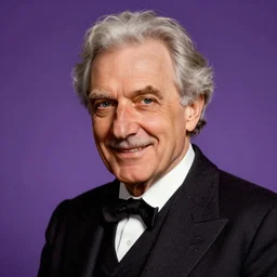 friedrich nietzsche studio photography, purple background, smiling
