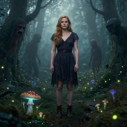 muscled Amy Adams lost in a foggy bioluminescent mushroom forest, rainbow fireflies, creepy creatures hiding in long shadows, Donato Giancola, Mark Brooks, Ralph Horsley, Charlie Bowater, Artgerm, Christopher Balaskas, Bastien Lecouffe-Deharme