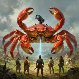 a gigantic crab, laser turret attached on crab, crab is crawling towards a village, dnd character art portrait, matte fantasy painting, deviantart artstation, by jason felix by steve argyle by tyler jacobson by peter mohrbacher, cinematic lighting