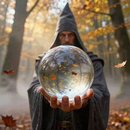 рhoto portrait of mighty wizard holding in hand huge clear glass fresnel ball in the sunshine autumn forest, falling autumn leaves are reflected in the ball, foggy bottom, god rays, ultrasharp, photo by john berkley, greg rutkowski, clyde caldwell, octane render, artstation, epic composition, detailed, cinematic