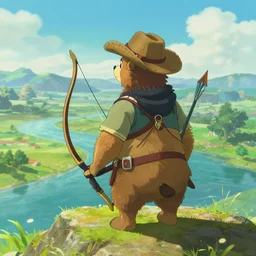 a bear wearing a cowboy hat with a bow and arrow standing on a mountaintop looking out over a river landscape, breath of the wild, anime, studio ghibli, beautiful, fine detail, high resolution
