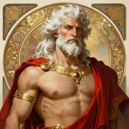 painted portrait of rugged zeus, god of thunder, greek god, white hair, masculine, mature, handsome, upper body, red and gold, jewelry, muscular, hairy torso, fantasy, intricate, elegant, highly detailed, digital painting, artstation, concept art, smooth, sharp focus, illustration, art by gaston bussiere and alphonse mucha