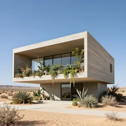 a brutalist architecture concrete house with overgrown plants. the house stands in a desert landscape. designed by alejandro aravena