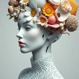biomechanical beautiful woman portrait with a smooth porcelain ivory profile face, futuristic haute couture, iris van herpin, headdress with daisies, magnolia, colorful puffballs, mushrooms, rhizomorphs, brackets, sponge corals, laser cut paper lace collar, octane highly render, 8 k, uhd