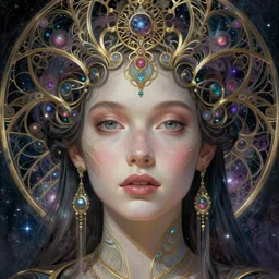 detailed!!! futuritic!!! beautiful young groovypunk!!! queen of andromeda galaxy. face portrait. art nouveau, symbolist, visionary, baroque, giant fractal details. horizontal symmetry by zdzisław beksinski, iris van herpen, raymond swanland and alphonse mucha!!!. highly detailed, hyper - real, beautiful