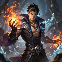 beautiful male necromancer with fire and ice magic, attarctive pretty face, anime key visual, highly detailed, sharp focus, concept art, league of legends, style by shumolly and monable and artgerm and greg rutkowski and jo chen and pilyeon and ruan jia
