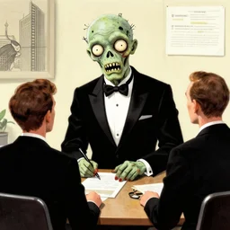 an intricate portrait of a zombie in a tuxedo at a job interview, in the style of saul steinberg, trending on artstation