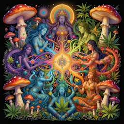 an expansive rendering of beautiful and complex interwoven spiritual connection between all beings by dan mumford, by jim fitzpatrick, by joe wilson, by jim burns, by victo ngai, by jacek yerka, surrounded with colorful magic mushrooms and rainbowcolored marihuana leaves, insanely integrate, featured on deviant art, trending on artstation