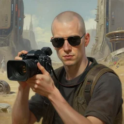 wide shot of a bald young man with sunglasses is holding a cinema camera in a martian city, scifi, detailed realistic face, photorealistic oil painting, digital art, by charlie bowater, by jeremy lipking, by makoto shinkai, octane render