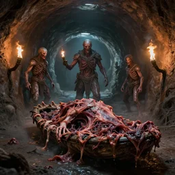 airbrush sewage tunnels background, with primitive flesh & carapace raft foreground, of rotten flesh, syd mead, enric torres, hyper realism, narrative light, muted colors, epic, hyper detailed, awe inspiring, award winning horror, torch lighting, hyper realism, cinematical