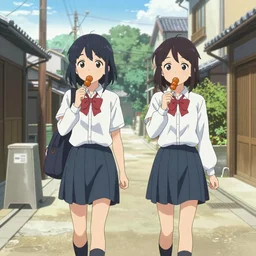 two girls walking down a japanese street while eating dango, wearing school girl uniforms, anime key visual, digital art, anime screenshot, kyoto animation, trending on artstation, makoto shinkai