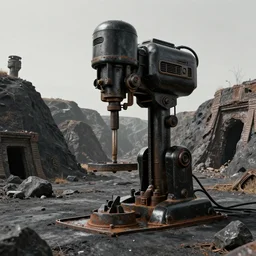 a chrome drilling bot visiting the asphalt mines, retro - futuristic, science - fantasy, hills, abandoned, ancient tribe, deep shafts, rusted, black oil, caves, speleothems, lgbt, queer, rpg, epic, dungeons & dragons, sacred, sharp focus, award - winning, extremely detailed, 4 k, 8 k