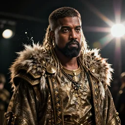 Portrait of Kanye West as Zeus in Skyrim, splash art, movie still, cinematic lighting, dramatic, octane render, long lens, shallow depth of field, bokeh, anamorphic lens flare, 8k, hyper detailed, 35mm film grain