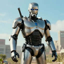 a very high resolution image from a new robocop movie. beautiful scenery. photorealistic, photography, directed by wes anderson