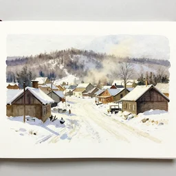 small painted on white watercolor paper, paint brush strokes, abstract watercolor painting of western town, snowy weather, winter, american frontier, midday sharp light, dust, cinematic light, american romanticism by hans dahl, by jesper ejsing, by anders zorn, by greg rutkowski, by greg manchess, by tyler edlin
