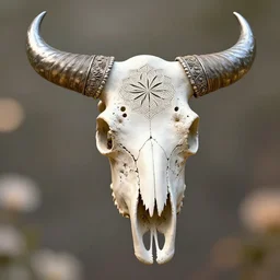 a decorated bull skull bone, carved with geometric fractal patterns and shiny metal horns, with flowers in the cracks, photorealistic, bokeh, low aperture, abstract 3 d design, octane render