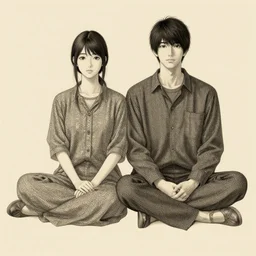 concept art, pretty woman and man sitting, biege background, junichi higashi, isamu imakake, intricate, balance, ultra detailed, full far frontal portrait, artgem