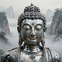 detailed robotic cyborg buddha with intricated wires on the face and bionic detailed eyes, misty mountain, volumetric fog, perspective painting, atmospheric shot, in the style of greg rutkowski, artstation, 4 k,