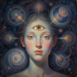 a beautiful surrealist painting of deep dimensional realms of universal consciousness a beautiful face emerges with their third eye wide open by hanna yata, geenss archenti flores, digital art