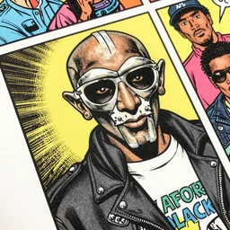 detailed grainy risograph, detailed comic panel, mf doom, the real mc's vivid colors, by moebius and lehr paul and kim jung gi