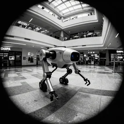 camera footage of a Darpa Robot hunting in an abandoned shopping mall, high exposure, dark, monochrome, camera, grainy, CCTV, security camera footage, timestamp, zoomed in, fish-eye lense, Robot, Drone, Intense, Darpa,