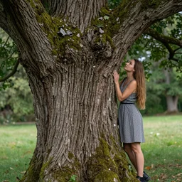 female in to a detailed bark of an old tree with moss and leaves