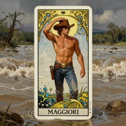 a dramatic, epic, ethereal tarot painting of a handsome!! brown shirtless cowboy | background is a torrential flooding river | cowboy is wearing a hat | tarot card, art deco, art nouveau | by Mark Maggiori | trending on artstation