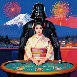 hyperrealistic composition, in the middle the woman in a japanese kimono, behind her stands the darth vader, in front of her a table from the casino, in the background is ( ( mount fuji ) ) and fireworks, pop - art style, jacky tsai style, andy warhol style, acrylic on canvas