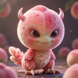 an alien with a face that looks like a fuzzy peach the peach is fuzzy pink warm and ripe the alien has horns and a mean smile the alien has chicken feet cruel smile the alien has kind eyes, 4k, highly detailed, high quality, amazing, high particle effects, glowing, majestic, soft lighting, detailed background, happy tones, sharp background