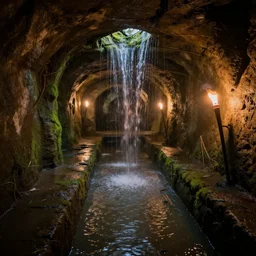 inside the ancient flooded sewers in the old part of the city. dripping water, standing water, channel, stagnant water, waterfall, rivulets, musty, moss, underground, abandoned spaces, torch - lit.