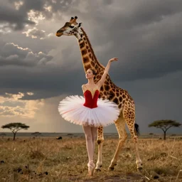 professional photography of a giraffe ballet dancer in a tutu on the savannah