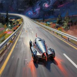 rocket car driving on the lost highway to infinity. Spacetime. Straight highway. Super highway. High speed. Digital painting. digital painting. Beeple. Noah Bradley. Cyril Roland. Ross Tran. trending on artstation.