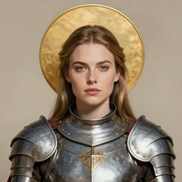 masterpiece head-on symmetrical centered painted portrait, Imogen Poots as a female warrior paladin, golden halo, saintly, glorious, wearing full metal armour, sacred geometry, in the styles of Edgar Maxence and Ross Tran and Zdzisław Beksiński and Michael Whelan and Mucha and Gustav Dore and H.R. Giger. 8k, octane render