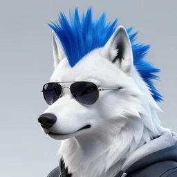 White Wolf with blue mohawk hairstyle wearing aviator sunglasses, synthwave style, artstation, award winning