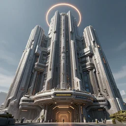 low angle 3 d sculpt of massive town hall beveled architecture, layered complex cyberpunk'power station'complex technological science building facade, halo, star wars, ilm, star citizen halo, mass effect, high tech industrial, artstation unreal