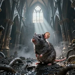 cursed anthropomorphic mouse in the sewers by Gerald Brom, concept art, fantasy, gothic cathedral, light through the mist, dramatic lighting, photorealistic, cinematic lighting, high detail, cinematic feel, high octane, 4K, Unreal Engine, digital render, intricate, ultra realistic, crepuscular ray, low angle, superwide shot, lunapunk