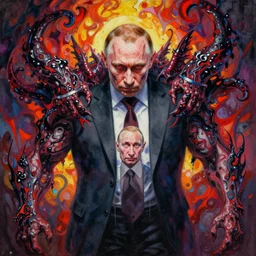 amazing detailed intricate horror painting of a monstrous vladimir putin. disturbing, twisted, dark, evil. vibrant colors. award winning. trending on arstation.