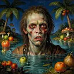 a close - up portrait of a tropical zombie man surrounded by water, colorful fruit, palm trees and mushrooms. surrealism. night background. highly detailed science - fiction fantasy painting by norman rockwell, moebius, frank frazetta, syd mead, and stanislaw fernandes. rich colors, high contrast. renaissance masterpiece. artstation
