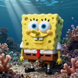 High detailed shot of a Sponge that looks exactly like  Spongebob found along a coral reef