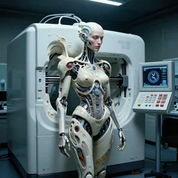 a mri 3 d printer machine and control panels in the laboratory inspection room making a cybernetic symbiosis, cybernetic mech cyberpunk woman, organic ceramic fractal forms, dramatic lighting, film still from the movie directed by denis villeneuve with art direction by wayne barlowe and salvador dali, wide lens, f 3 2,