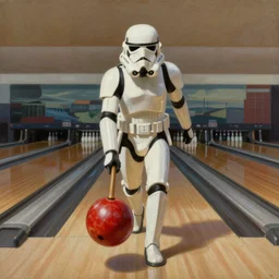 a star wars stormtrooper bowling at a bowling alley, painting by ralph mcquarrie