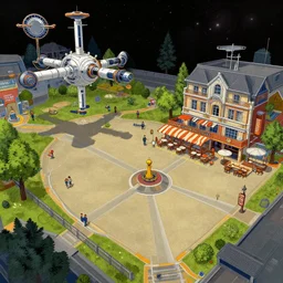 on a spacestation, next to an plaza area with a restaurant to the side, from a point and click 2 d graphic adventure game, art inspired by [ [ thomas kinkade ] ] and mark keathley and greg rutkowski