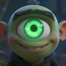 happy golem face portrait, green glowing eye, close up, awarded animation, cinematic lightning, octane render, unreal engine