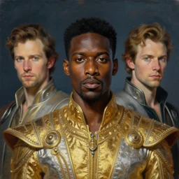 portrait of a black man dressed in a gold and silver costume, head shoot, art by alex heywood and gaston bussiere, albert lynch, fantasy art, reimagined by industrial light and magic, oil on canvas, hd