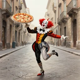 pulcinella dancing ecstatically through the empty street of naples, holding a large pizza!!!, extremely detailed drawing by silvio fiorillo, from commedia dell'arte